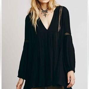 Free People Womens Swingy Lace Tunic Top Blouse Black Small Boho Dark Romantic